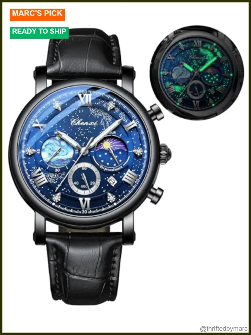 Men's Multifunctional Analog Chronograph Moon Phase Leather Strap Watch
